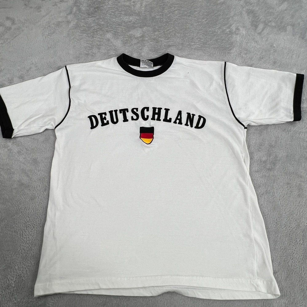 Vintage Deutschland Germany Ringer T-Shirt XL White Soccer World Cup Spell Out